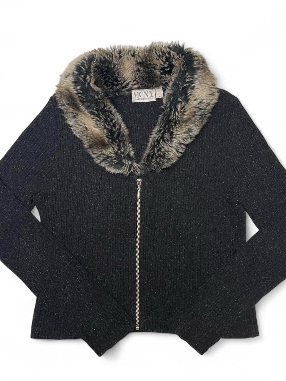 Y2K Vintage 90s MCNY Made in USA Dark Gray Faux Fur Collar Zip-Up Sweater Grunge